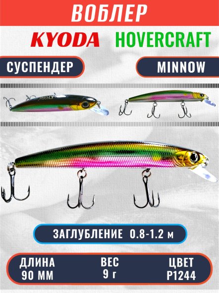 Воблер KYODA Hovercraft Minnow-90SP, длина 9,0 см, вес 9.0 гр цвет P1244, заглубление 0,8-1.2 м